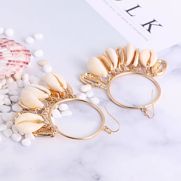 Bohemian Gold Hoop Cowrie Shell Earrings - Picture 4 of 6